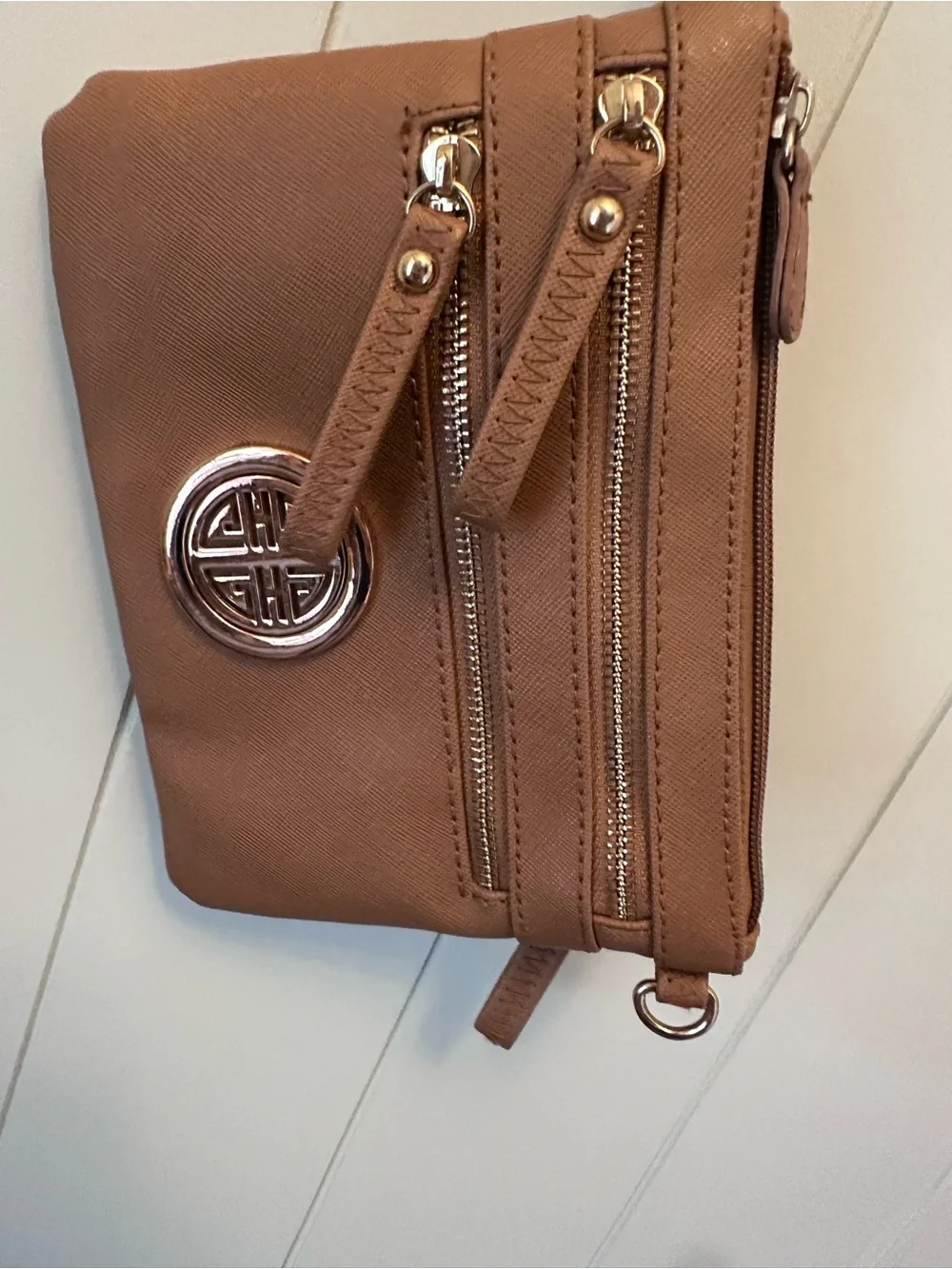 Brown Wristlet  Bag with Double Zippers